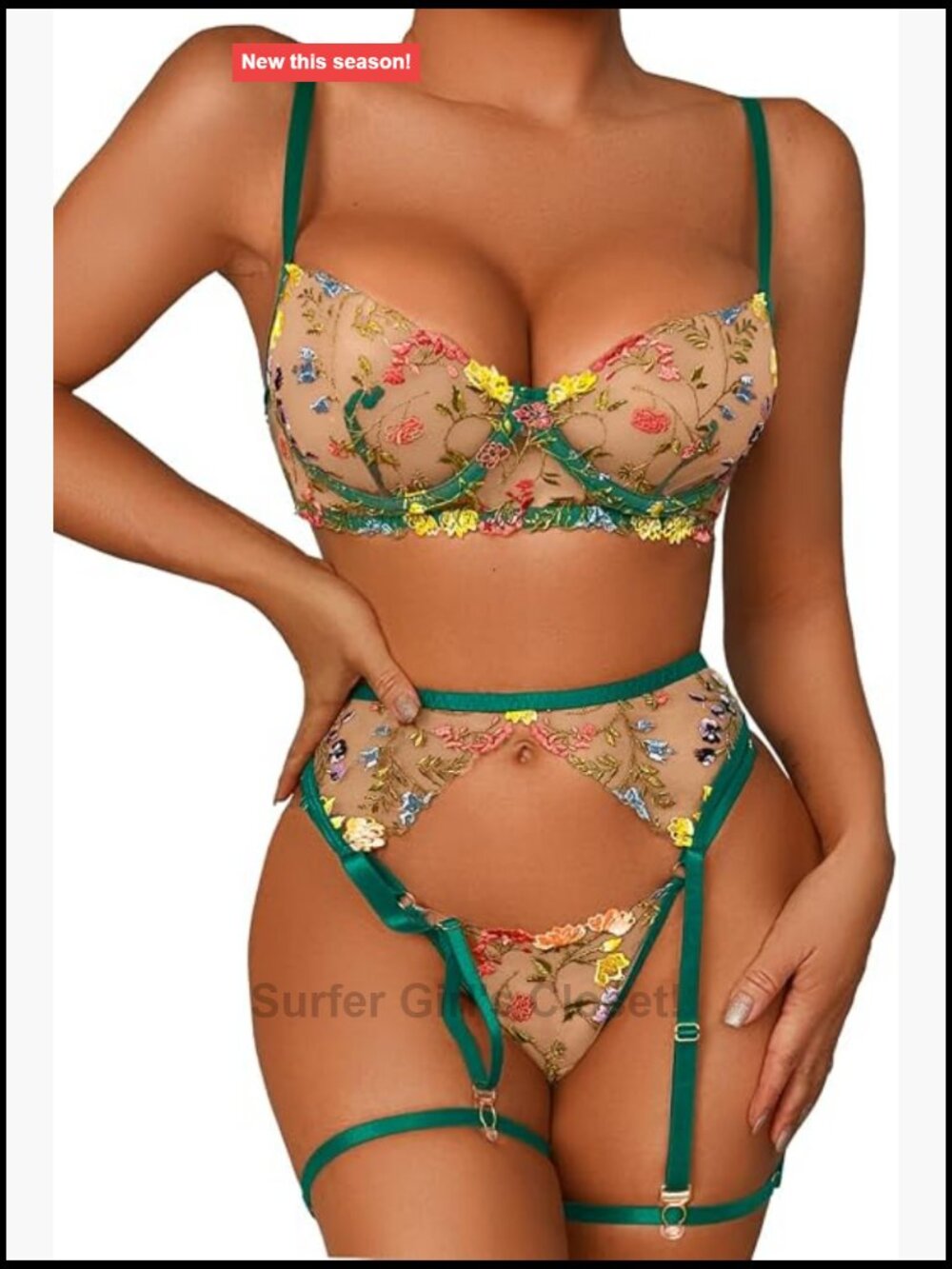 Floral Embroidered Mesh Lingerie Set with Underwire, Thigh Straps & Thong